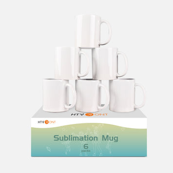 Packaging of 6 sublimation mugs with a gradient design on a white background