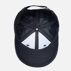 Black cap with a white triangle design on a light gray background