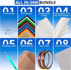Collection of fabric and heat transfer materials with labels on a blue background