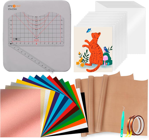 Collection of heat transfer vinyl sheets, a ruler, and a printed design on a white background