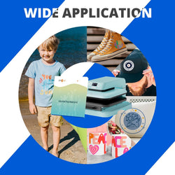 Collage of a child, shoes, a hat, a press machine, and a product with text 'Wide Application' on a blue and white background.
