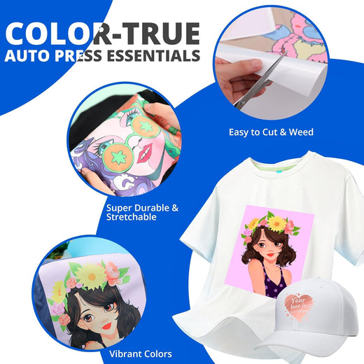 Color-True auto press essentials with t-shirt and cap featuring printed designs on a blue background.
