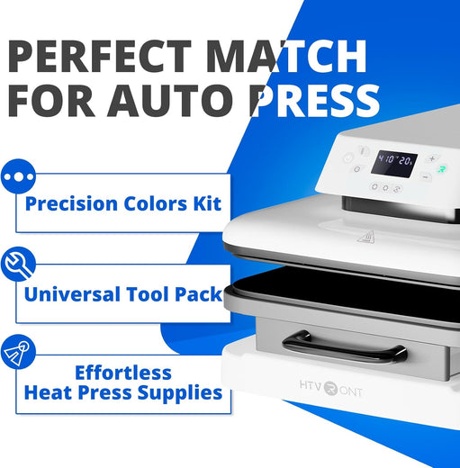 Heat press machine with text highlighting accessories on a blue and white background