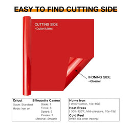 Red vinyl sheet with text indicating cutting and ironing sides, and various uses.