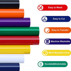 Colorful rolls of vinyl with text labels indicating features like 'Easy to Weed', 'Easy to Cut', etc.