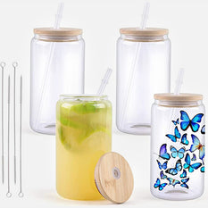Verres transparents pour sublimation avec couvercle en bambou - 16oz, lot de 4