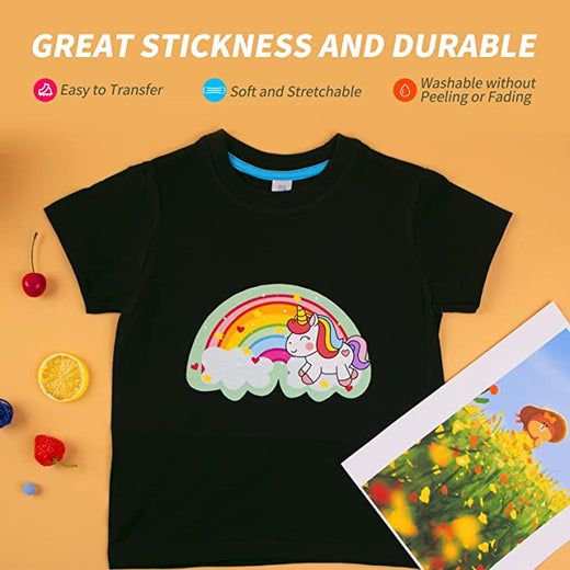Black t-shirt with a unicorn and rainbow design on a yellow background