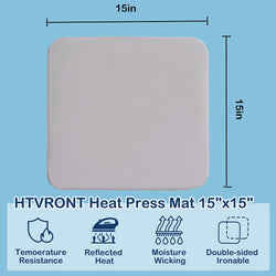Gray heat press mat with dimensions and features on a blue background
