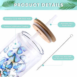 Reusable tumbler with butterfly design, bamboo lid, and straw, featuring product details on a light blue background.