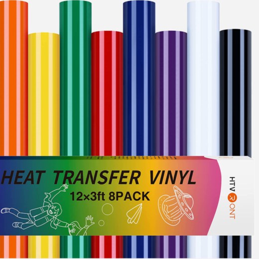 8-pack of heat transfer vinyl rolls in various colors with packaging.