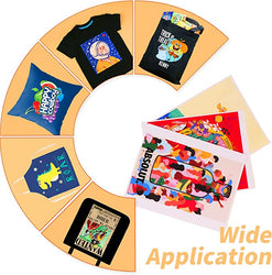 Circular display of various t-shirts and a poster with different designs on a beige background.