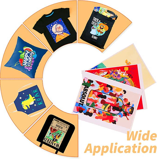 Circular display of various t-shirts and a poster with different designs on a beige background.