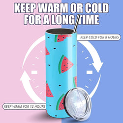 Blue tumbler with watermelon design on a pink and blue background with text about temperature retention.