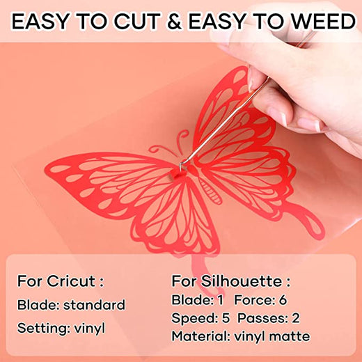 Red butterfly cutout with text on cutting and weeding, suitable for Cricut and Silhouette machines.
