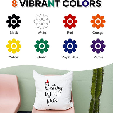 White pillow with 'Resting Witch Face' text on a green couch, surrounded by color swatches labeled Black, White, Red, Orange, Yellow, Green, Royal Blue, and Purple.