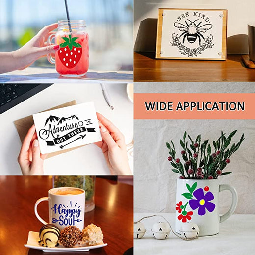 Collage of various items with printed designs, including a mug with flowers, a card with mountains, and a framed bee-themed sign.