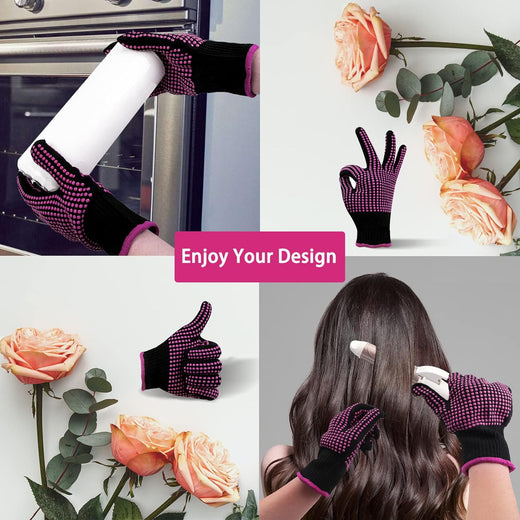 Collage of a person wearing purple gloves with black dots, interacting with an oven and a hair dryer, surrounded by flowers.