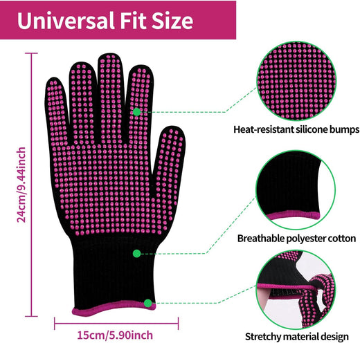 Glove with heat-resistant silicone bumps, breathable polyester cotton, and stretchy material design on a white background.
