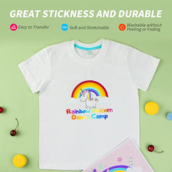 White t-shirt with rainbow unicorn design and text on a green background