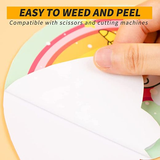 Hand holding a sheet of colorful stickers with text about ease of use.