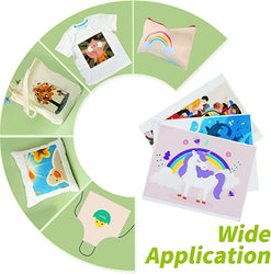 Circular display of various printed products including t-shirts, bags, and cushions with colorful designs.