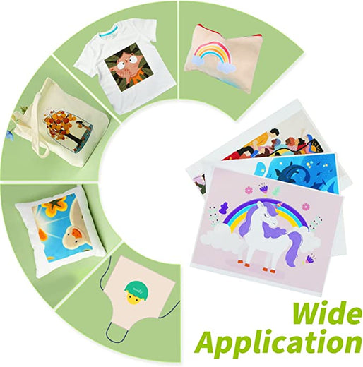 Circular display of various printed products including t-shirts, bags, and cushions with colorful designs.