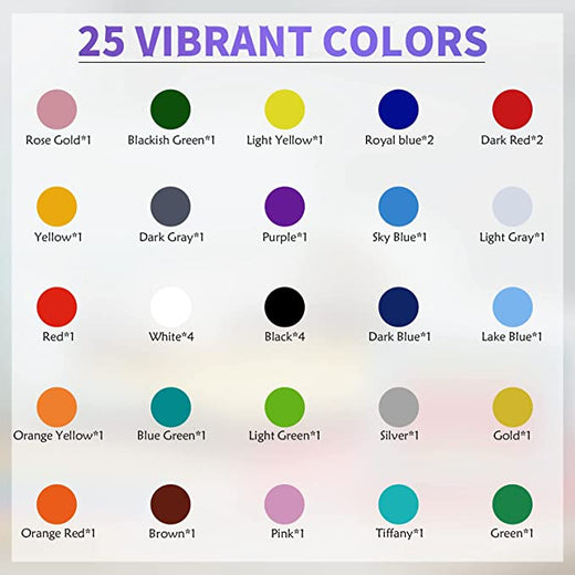 Chart of 25 vibrant colors with labels on a white background