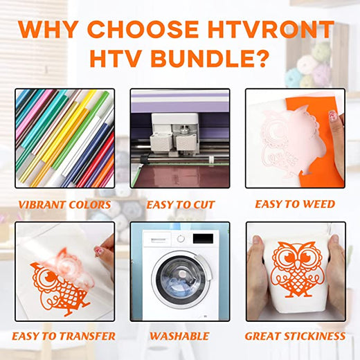 Promotional image for HTVRONT HTV Bundle with features listed.