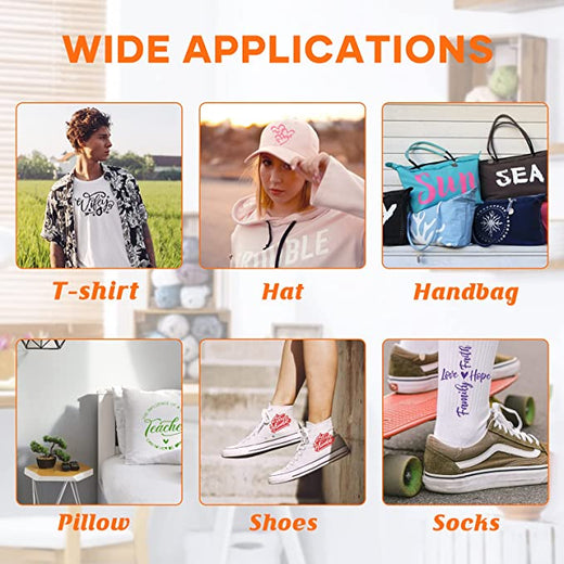 Collage of various items with text indicating 'Wide Applications' including t-shirt, hat, handbag, pillow, shoes, and socks.