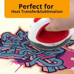 Heat press machine being used on a colorful design with text 'Perfect for Heat Transfer&Sublimation'.