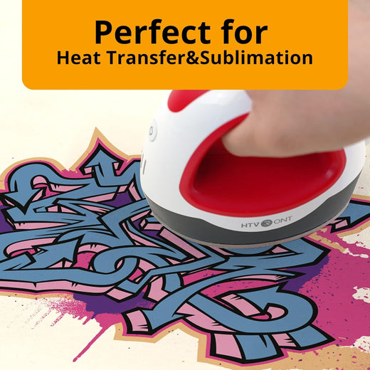 Heat press machine being used on a colorful design with text 'Perfect for Heat Transfer&Sublimation'.