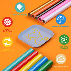 Colorful rolls of vinyl with a sample cutout on an orange background, featuring icons and text about product features.