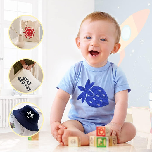 Baby wearing a blue shirt with a blue strawberry design, surrounded by baby products.