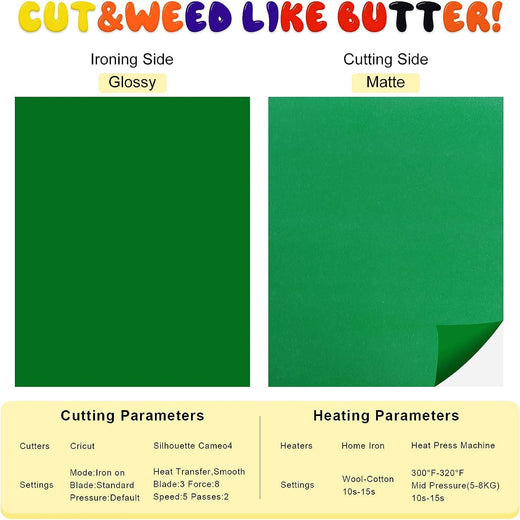 Green cutting mat with glossy and matte sides, labeled 'Cut & Weed Like Butter!' with text on parameters and settings.