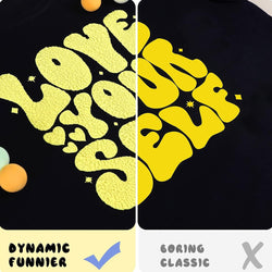 Black t-shirt with yellow 'Love Yourself' text design on a black background