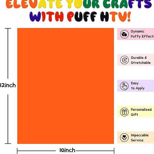 Orange sheet of Puff HTV with features listed on a white background