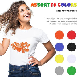 Woman wearing a white t-shirt with orange design, surrounded by color swatches and text about 2023 new arrivals.