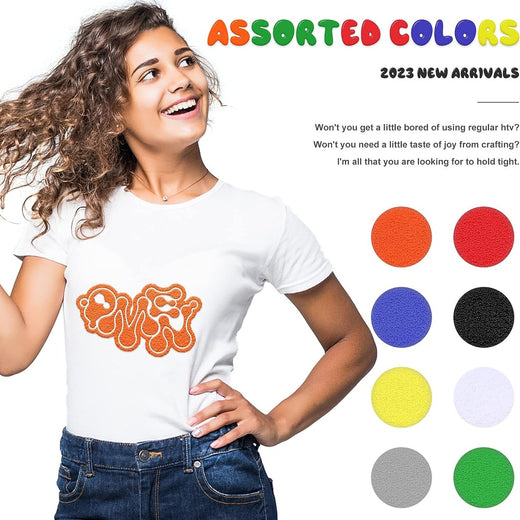 Woman wearing a white t-shirt with orange design, surrounded by color swatches and text about 2023 new arrivals.