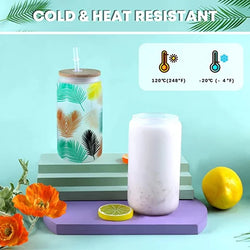 Tumbler with tropical leaf design on a light blue background with temperature indicators.
