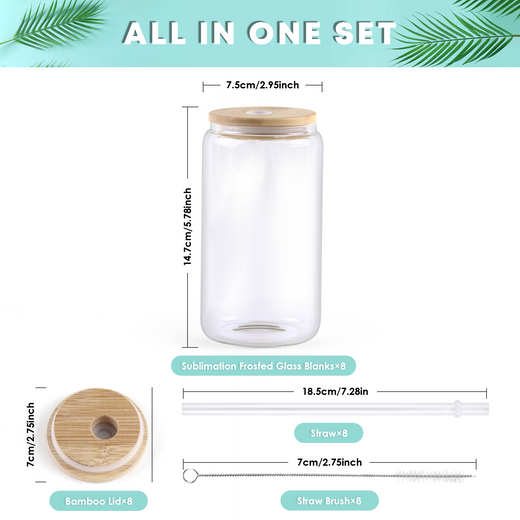 Glass jar with wooden lid and straw set, dimensions displayed on a light blue background.