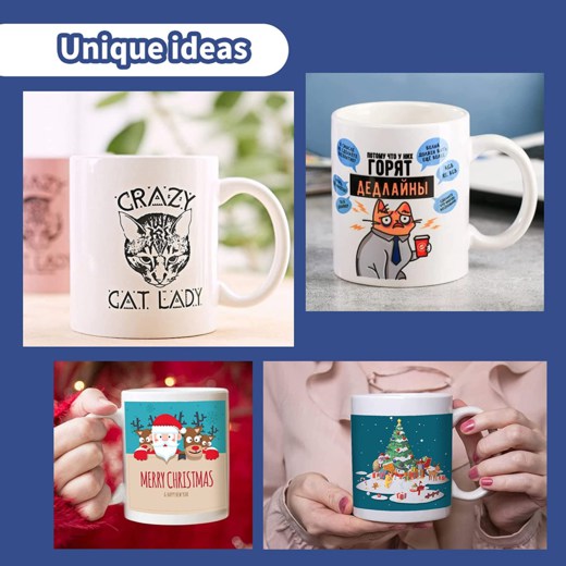 Collage of four mugs with various designs and text, including a 'Crazy Cat Lady' design.