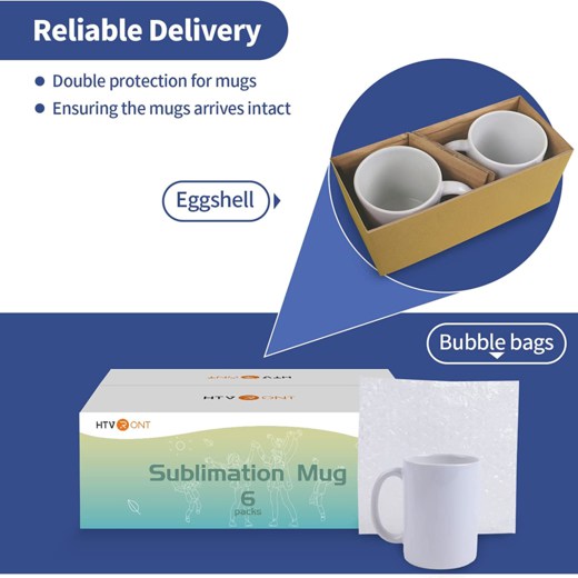 HTV Direct sublimation mug packaging with eggshell protection and bubble bags, featuring a box and mugs.