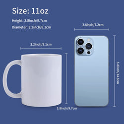 Measurement chart comparing a white mug and a smartphone on a blue background