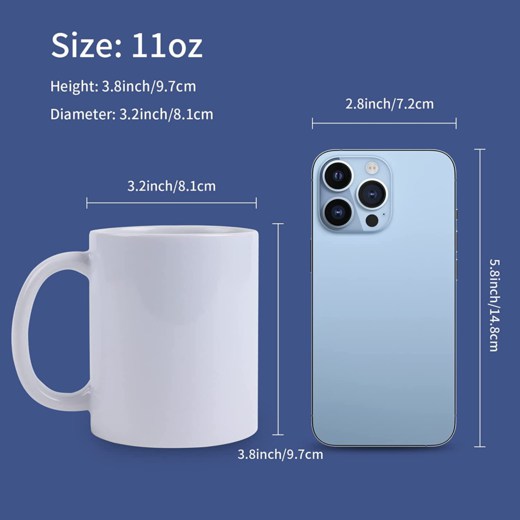 Measurement chart comparing a white mug and a smartphone on a blue background
