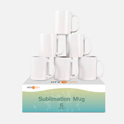 Packaging of 6 sublimation mugs with a gradient design on a white background