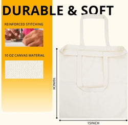 White tote bag with text highlighting durability and softness, material details, and dimensions.
