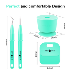 Turquoise tools and accessories with dimensions labeled on a white background