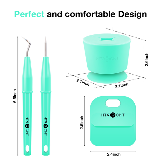 Turquoise tools and accessories with dimensions labeled on a white background