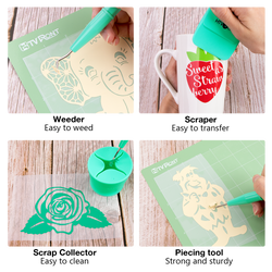 Collage of a weeder, scraper, scrap collector, and piecing tool with text labels on a wooden surface.