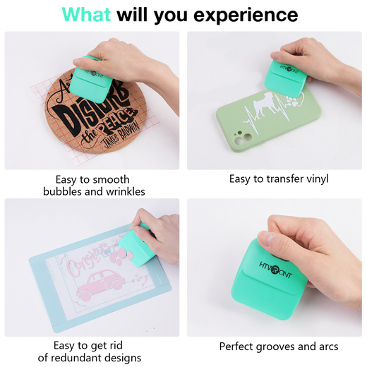 Product demonstration of a tool used for smoothing vinyl, transferring designs, and creating grooves on a white background.
